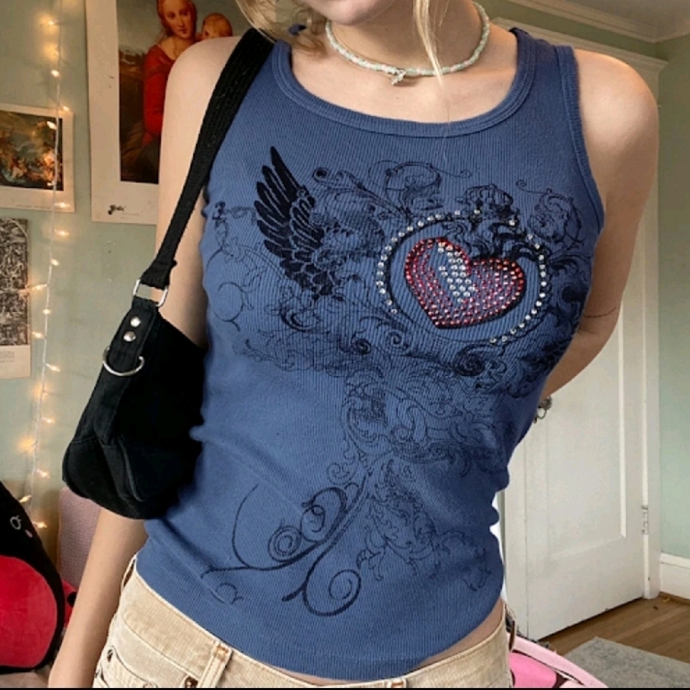 Vintage Graphic Print Tank Tops Retro Rhinestone Fairycore Tee Medium